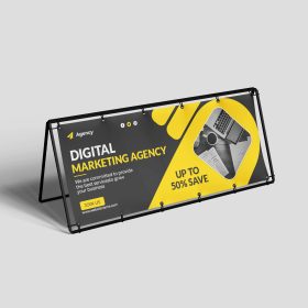 Portable metal A-frame structure holding a promotional marketing banner