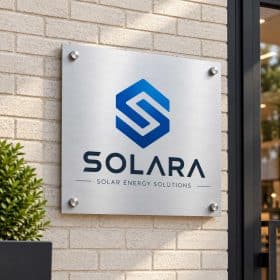 Custom aluminum composite sign with logo mounted on a brick wall