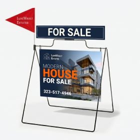 Custom printed metal A-frame yard sign featuring modern house for sale layout and contact details