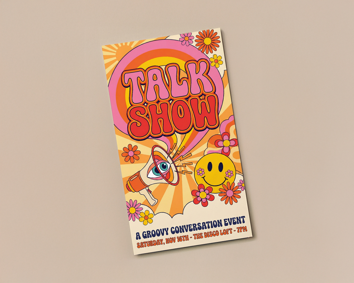 retro-talk-show-event-flyer-groovy-design.jpg Colorful retro-style talk show event flyer with bold “Talk Show” text, flowers, a megaphone illustration, and details for a groovy conversation event on Saturday evening.