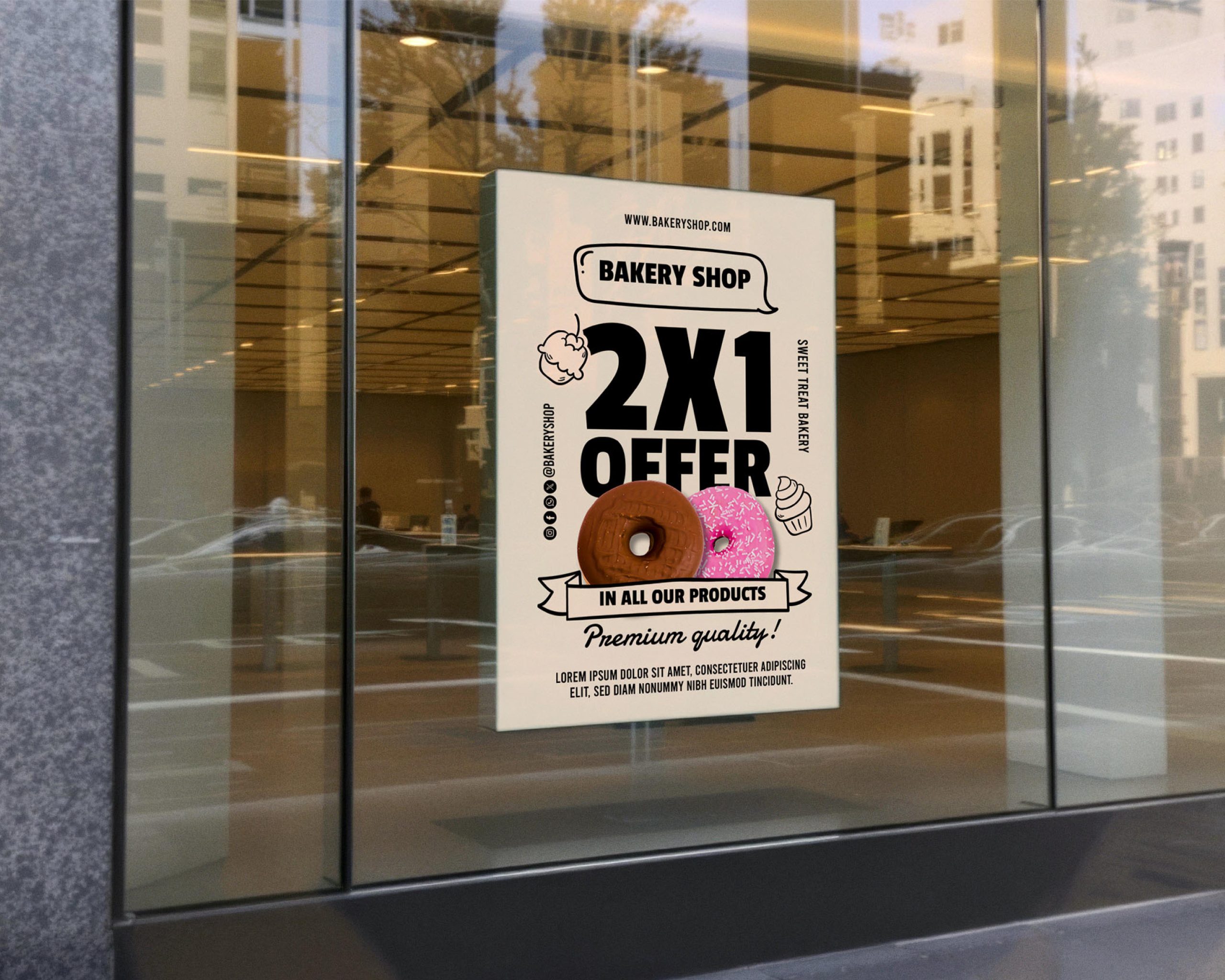 Removable window cling featuring a bakery shop promotional design