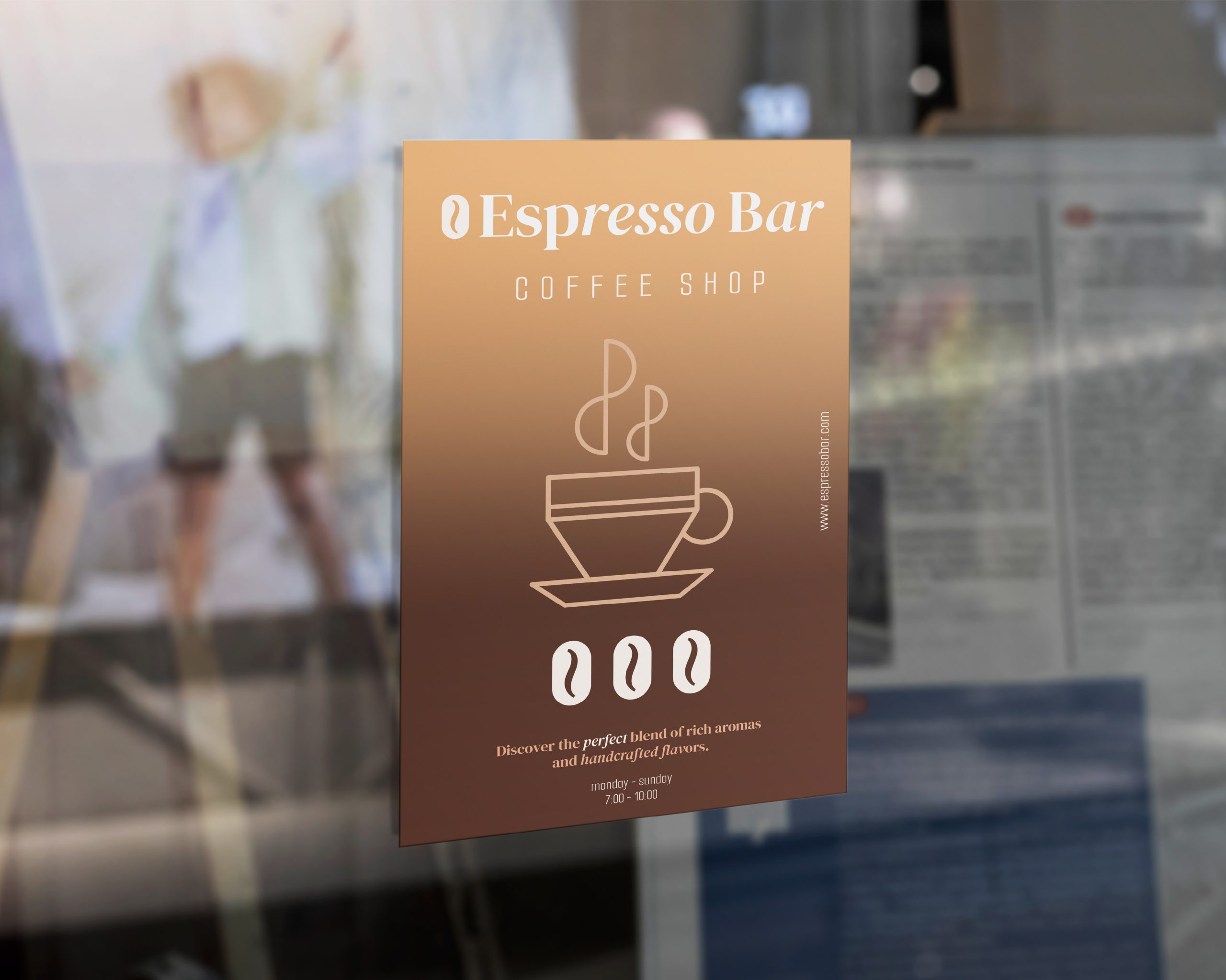 Removable window cling featuring an espresso bar and coffee shop design