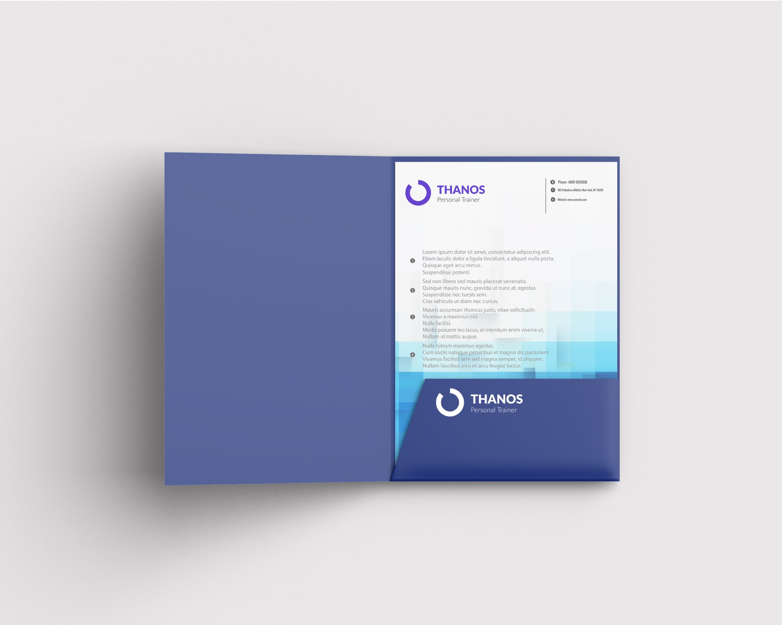 Custom printed presentation folder featuring personal training business branding and design