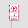 Metal parking sign featuring a red and white checkered border and Italian pizza branding