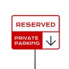 Metal parking sign featuring reserved private parking branding and a downward arrow