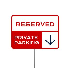 Metal parking sign featuring reserved private parking branding and a downward arrow