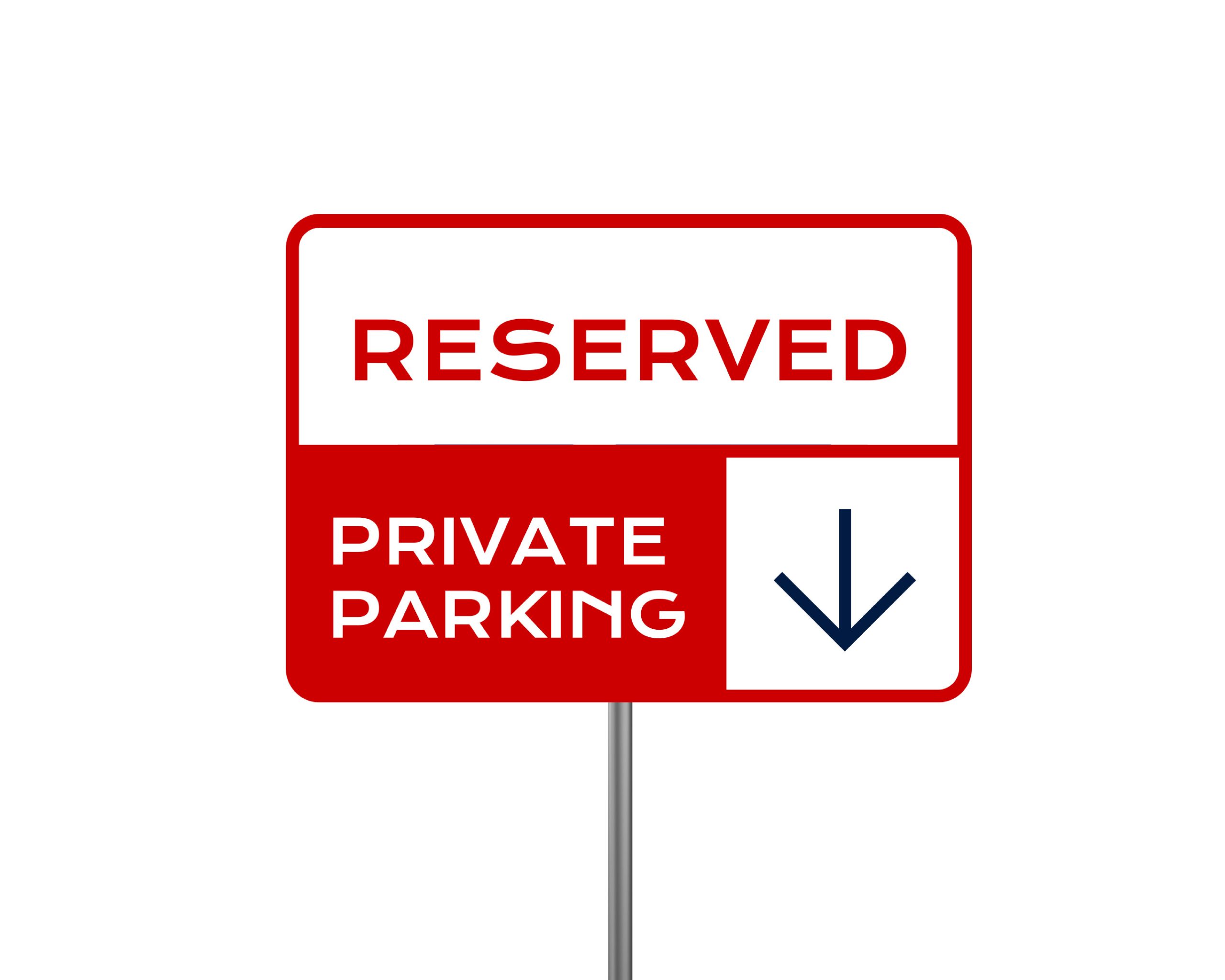 Metal parking sign featuring reserved private parking branding and a downward arrow