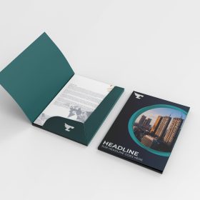 Custom printed presentation folder featuring construction and architecture business branding and design