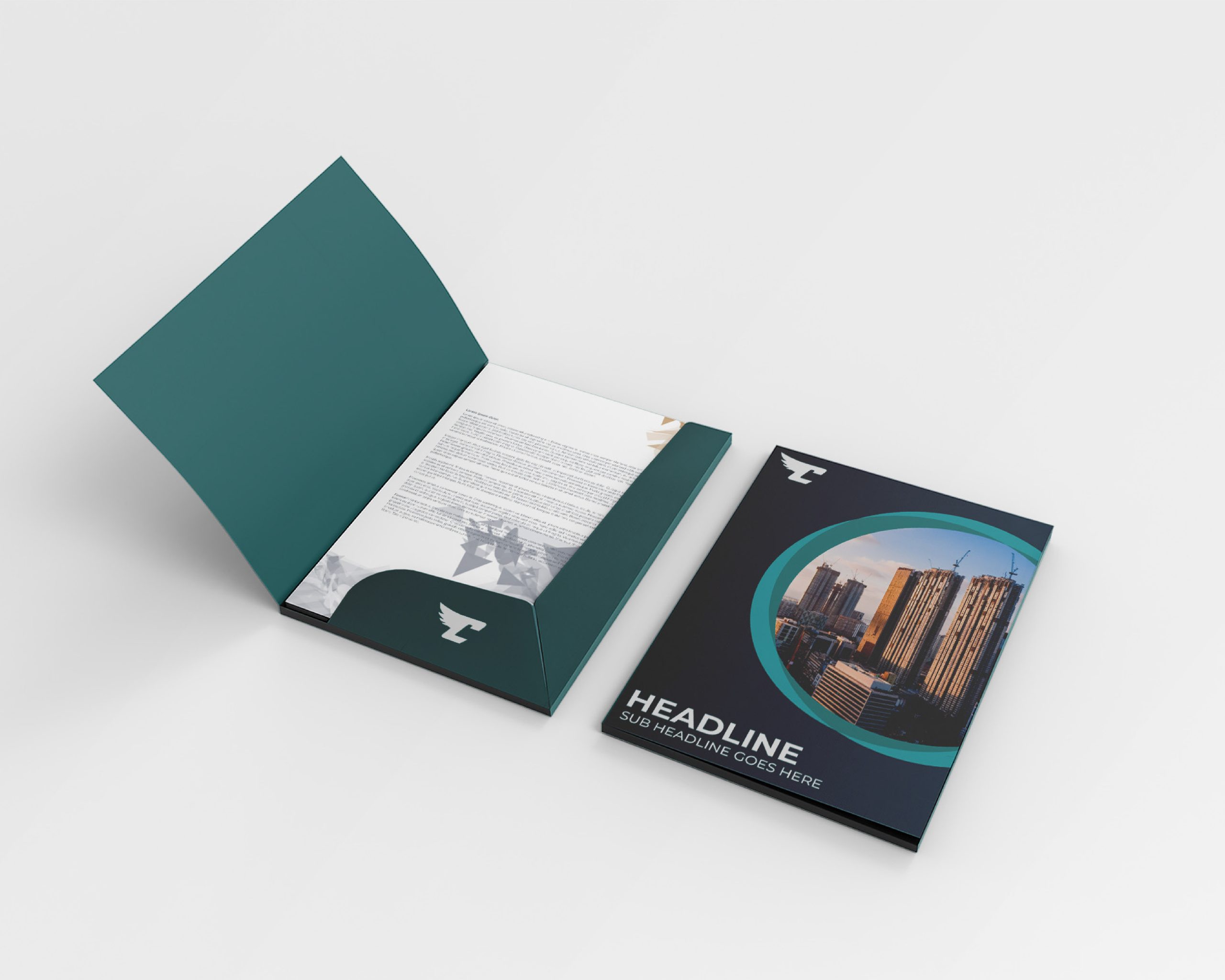 Custom printed presentation folder featuring construction and architecture business branding and design