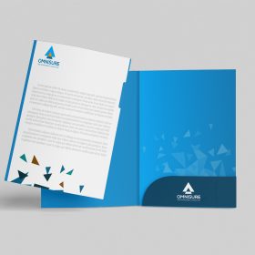 Custom printed presentation folder featuring corporate risk management consulting branding and design