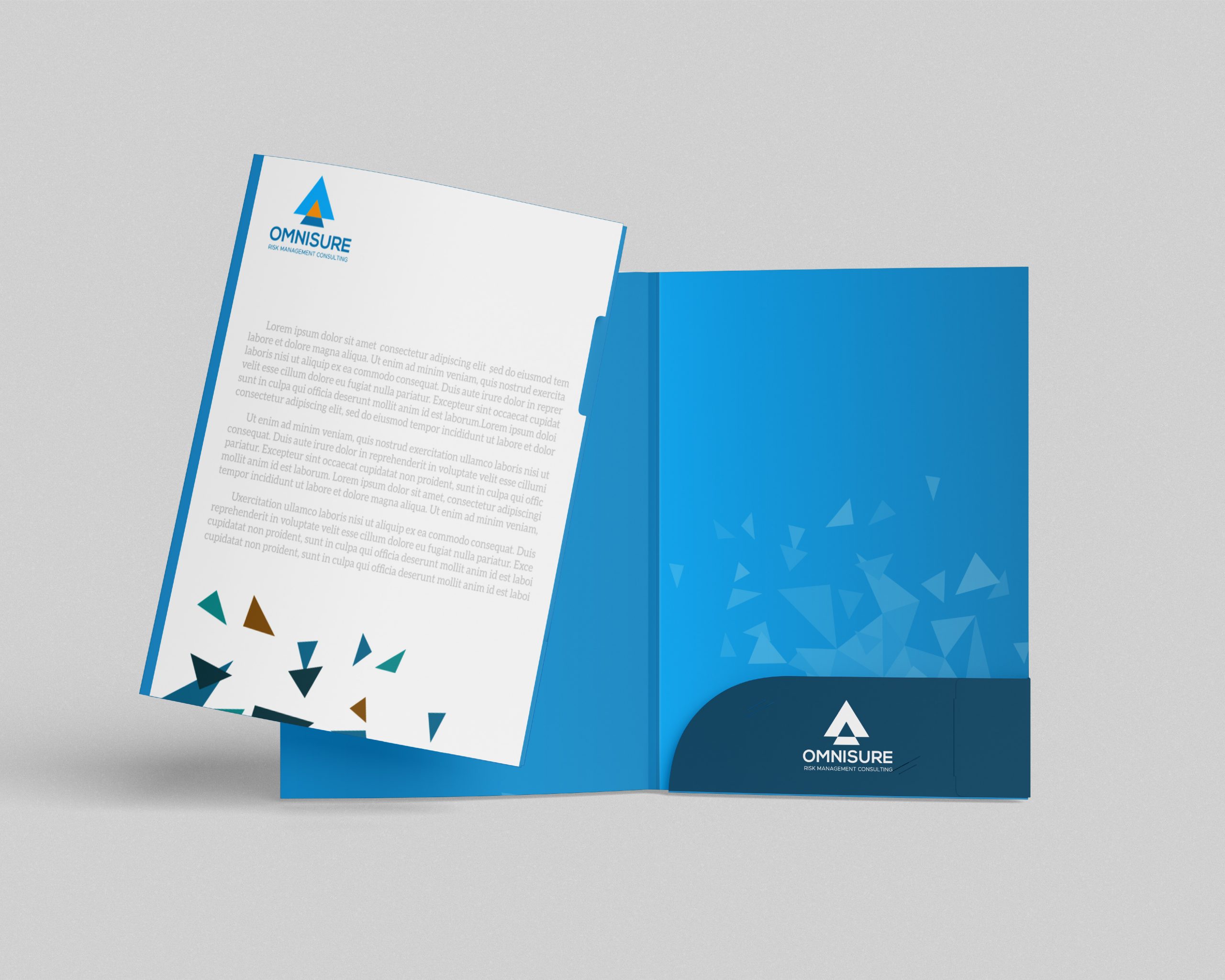 Custom printed presentation folder featuring corporate risk management consulting branding and design