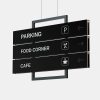 Hanging multi-panel directional sign for interior navigation