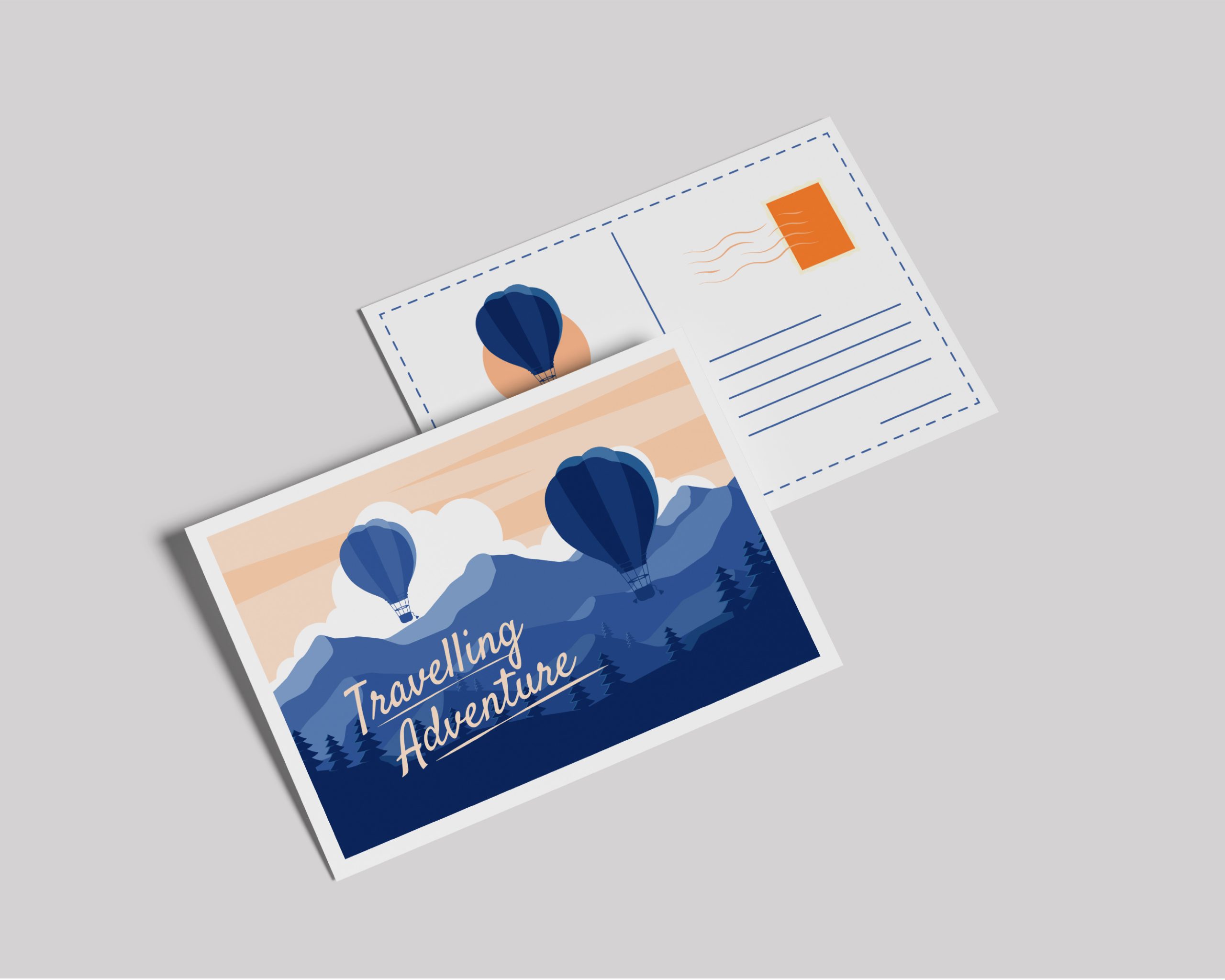Custom printed postcard featuring a travelling adventure hot air balloon illustration and design