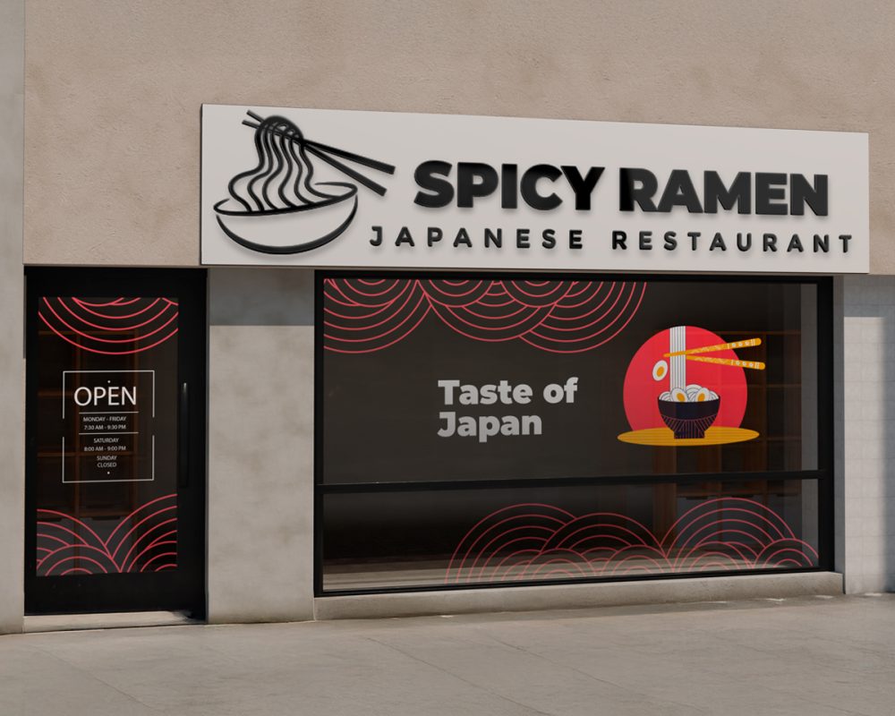 Japanese restaurant storefront with custom channel letters and window graphics demonstrating effective business signage