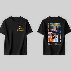 Black t-shirt featuring front text and back comic-themed graphic layouts