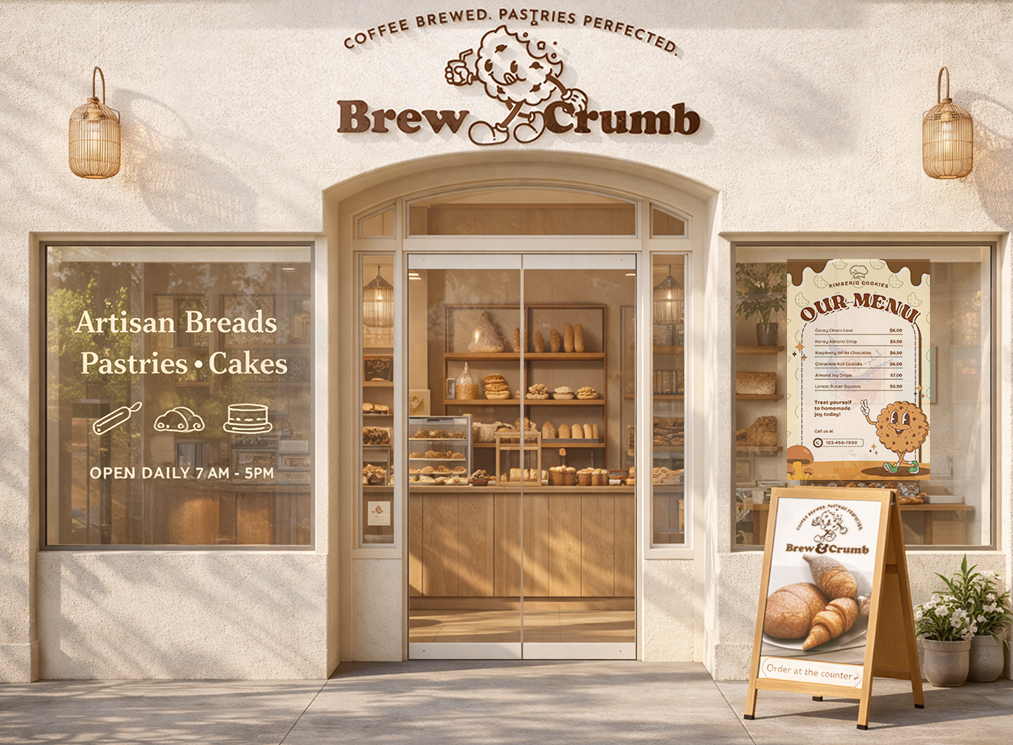 Retail storefront with custom signage and window graphics for small business branding