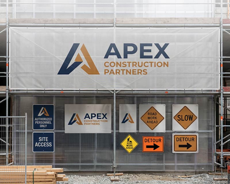 Construction site safety signs, including a branded banner and metal displays