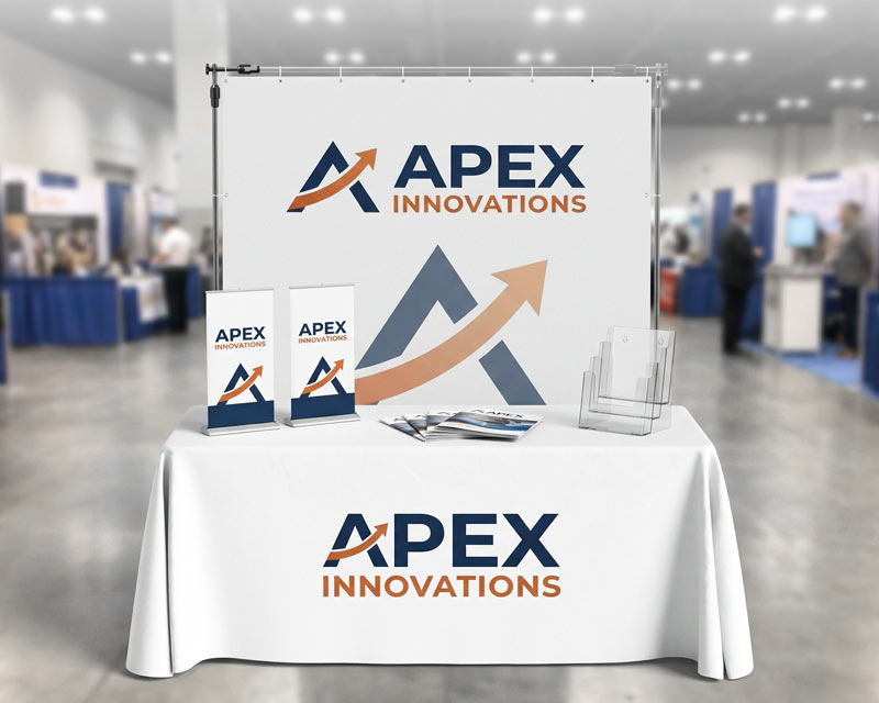 Event backdrop, table cover, and promotional graphics displaying a company logo