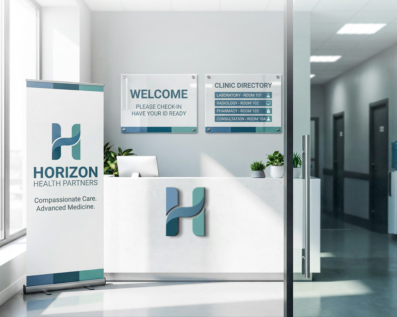 Medical office signs made of different materials installed in the lobby