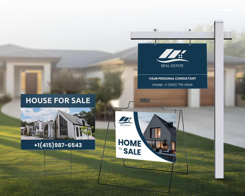 Real estate signage, including a yard sign and sign post reading contact details