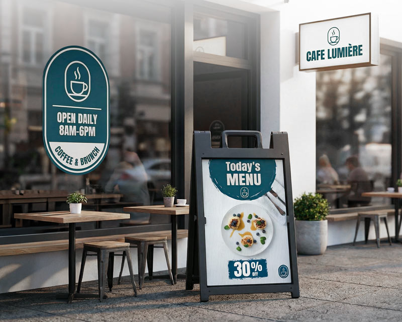 Restaurant signs, including window graphics and a foldable display featuring menu