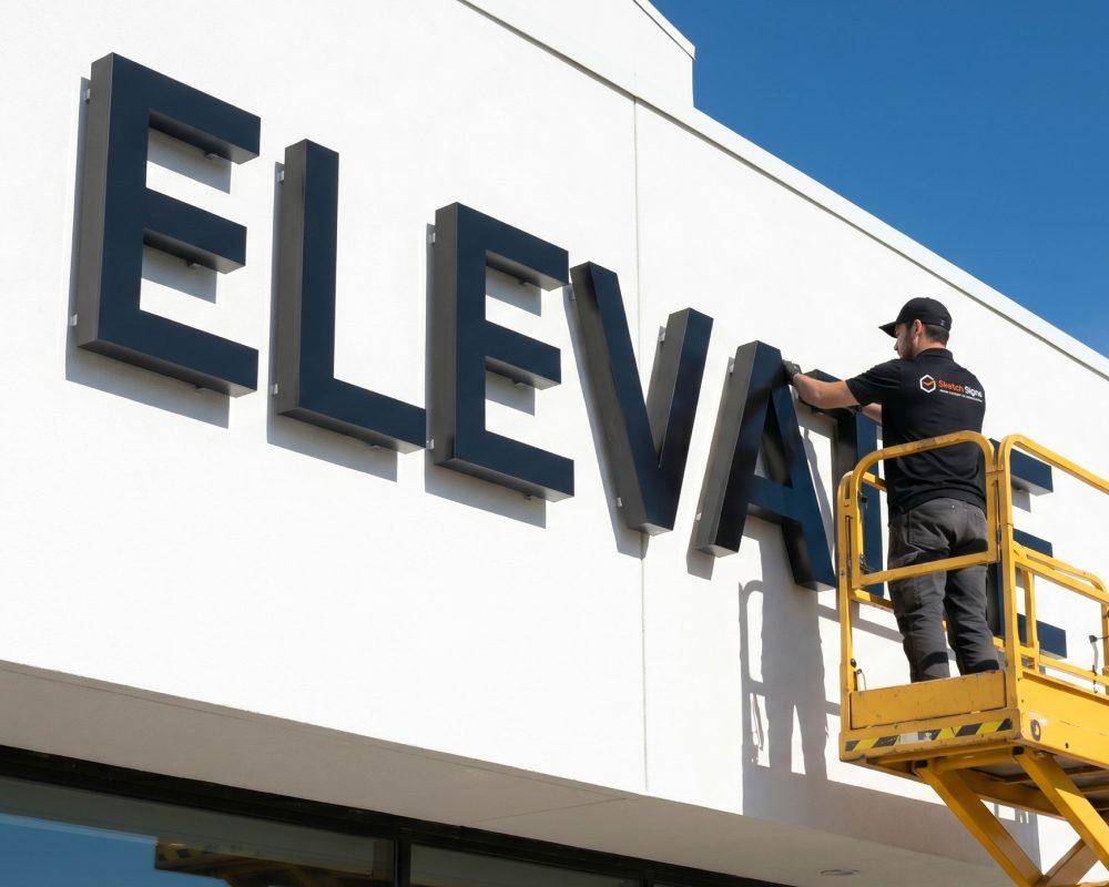 Professional technician installing large 3D channel letter signs on an exterior building wall using a lift
