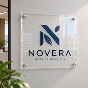 Clear acrylic logo sign with silver standoffs on an office lobby wall