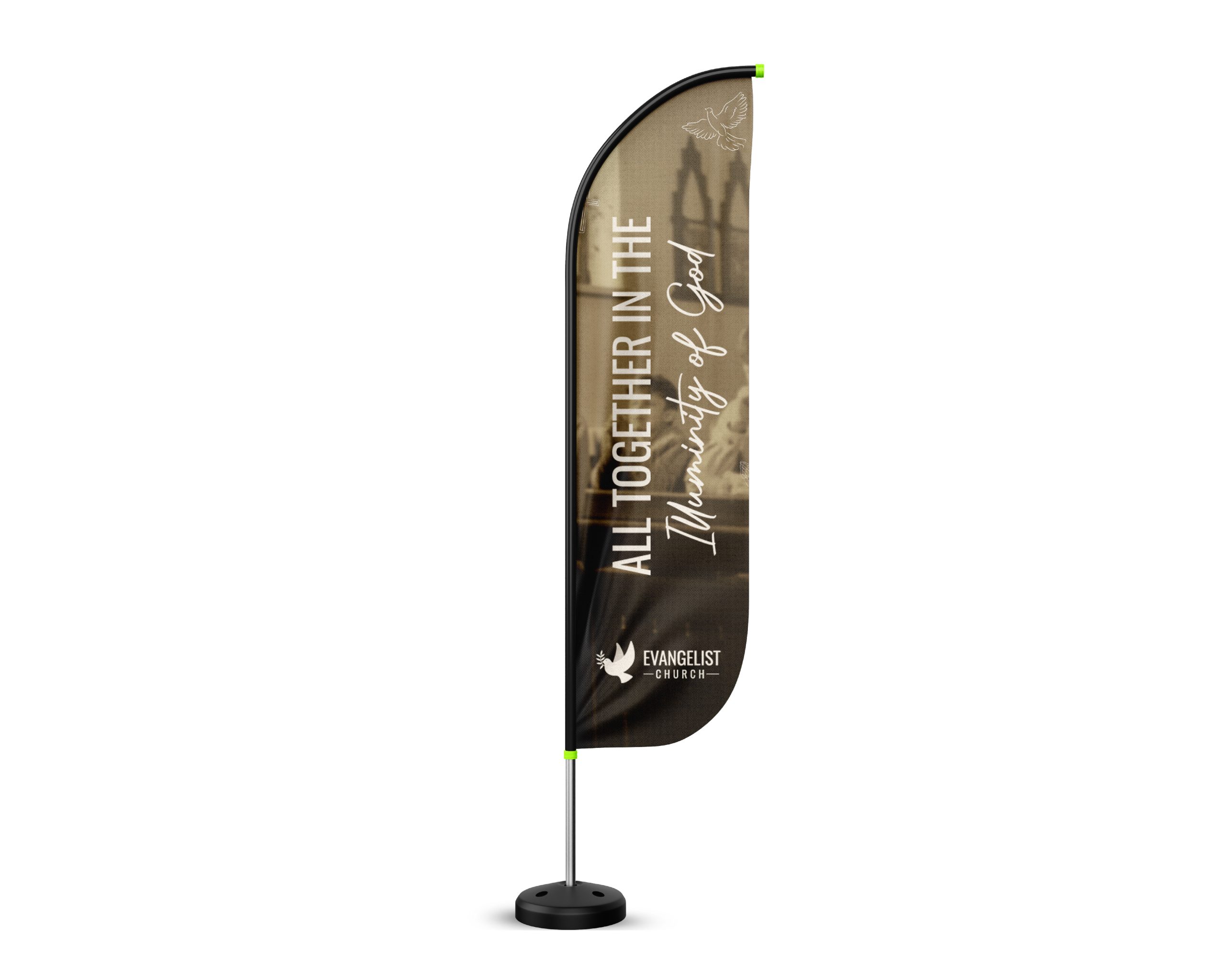 Custom printed feather flag banner showing church logo, text, and religious design mounted on a stand