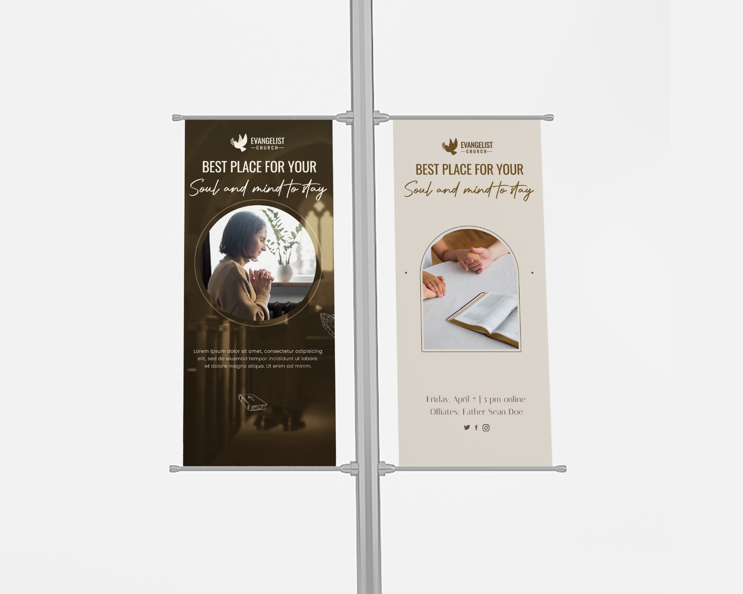 Custom printed pole banners showing church logo, text, and religious imagery mounted on a pole