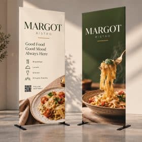 Two banner stands with bistro menu and pasta graphics in a restaurant