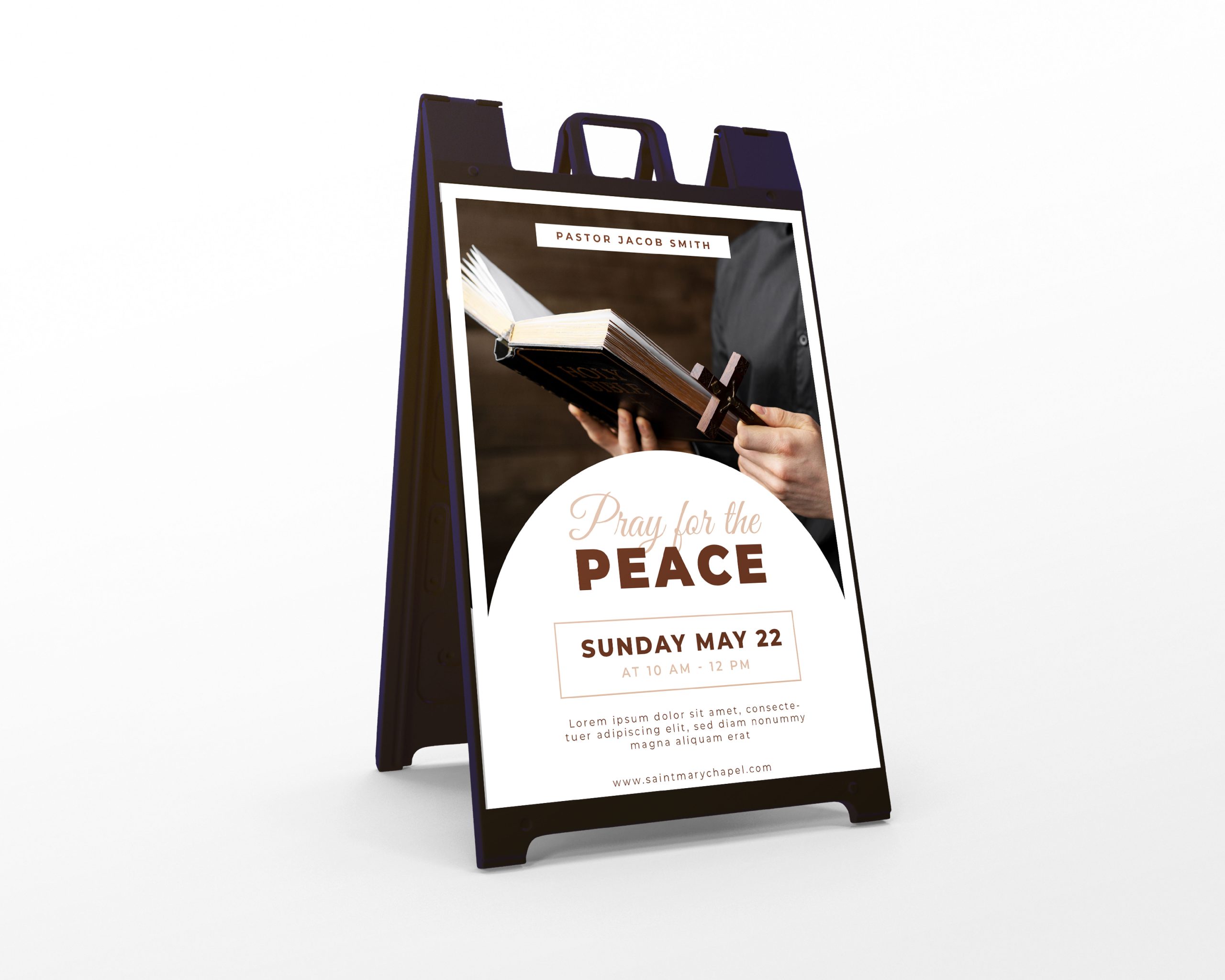 Black folding sidewalk sign stand displaying a custom poster on a white background