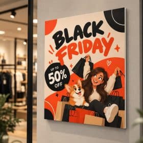Black Friday 50 percent off custom poster mounted at a retail store entrance