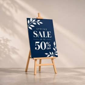 Printed foam poster board with a sale message on a wooden easel