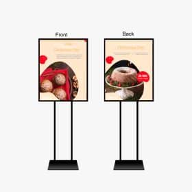 Double-sided poster stand showing front and back graphics