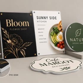 Custom PVC signs in different shapes for a flower shop, kitchen, market and cafe, with edge thickness detail