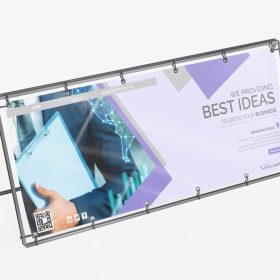 Wide metal A-frame holding a purple and blue business banner.