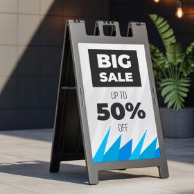 Black A-frame sign with a white “BIG SALE” graphic and blue accents.