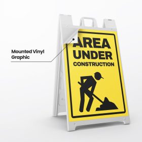 Construction warning A-frame with a close-up showing the mounted vinyl graphic.