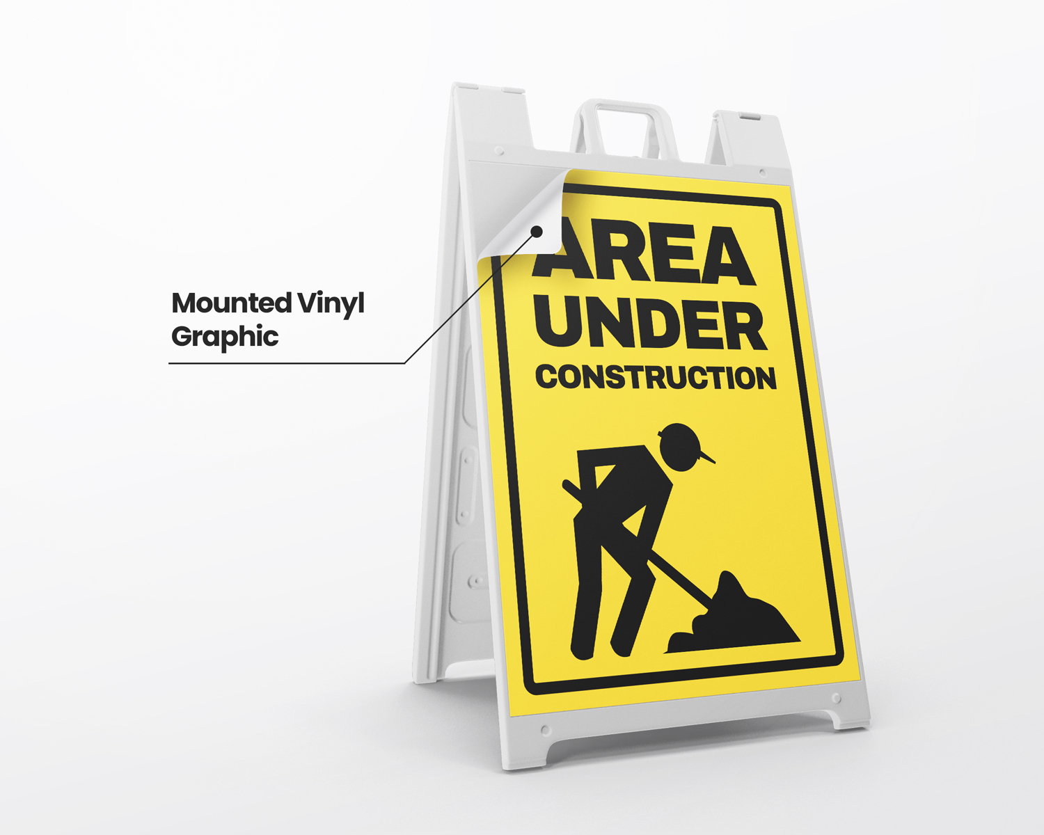 Construction warning A-frame with a close-up showing the mounted vinyl graphic.
