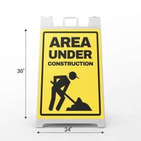 White construction warning A-frame with height and width measurements.
