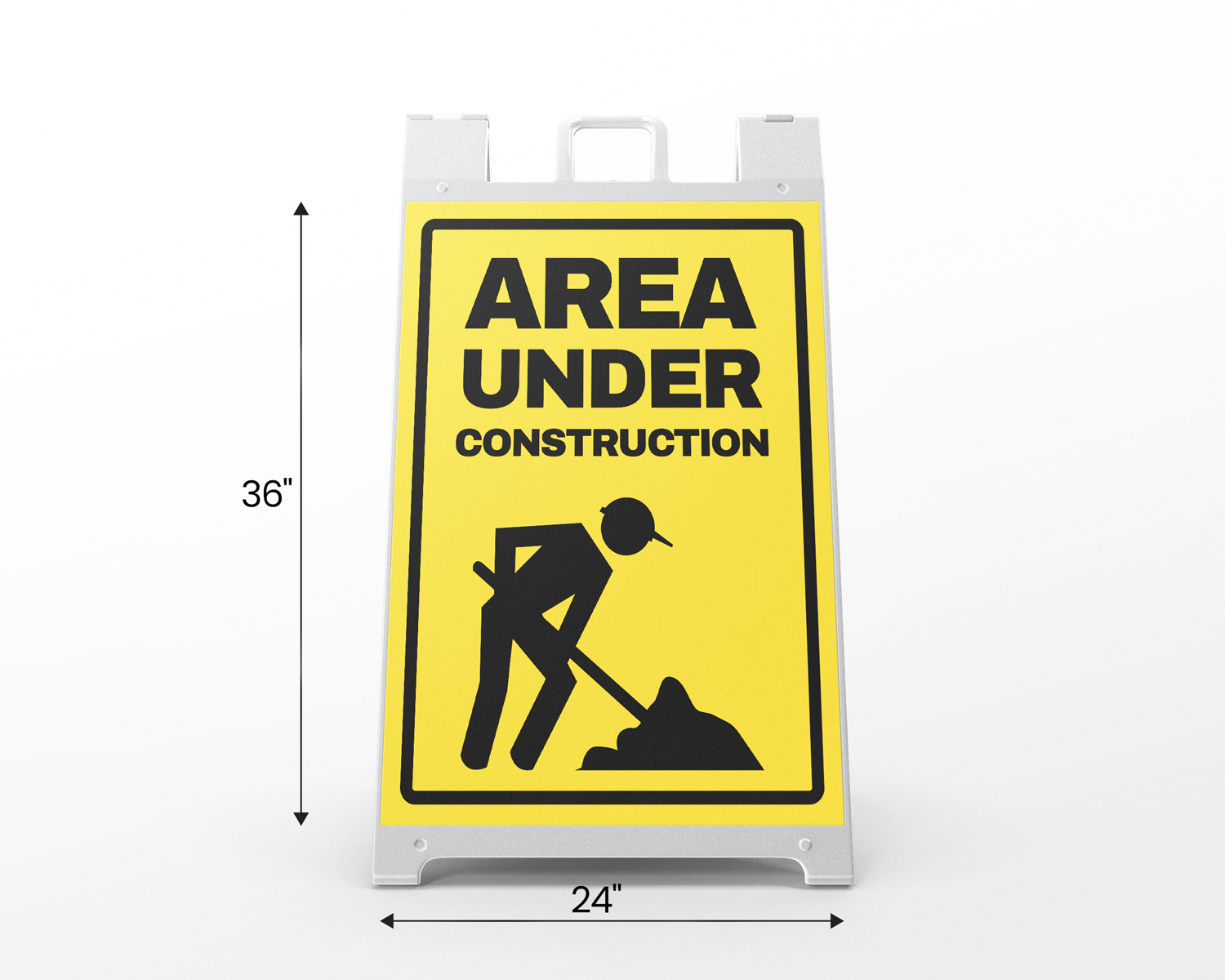 White construction warning A-frame with height and width measurements.