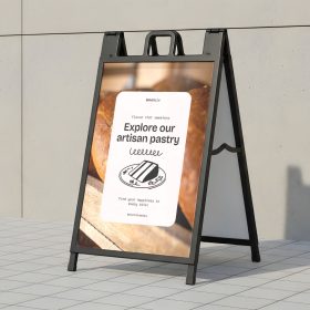Black A-frame sidewalk sign with a cream artisan bakery graphic.