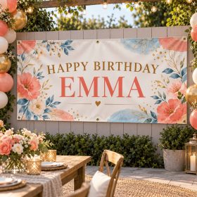 Floral birthday banner reading “HAPPY BIRTHDAY EMMA” displayed above a patio table.