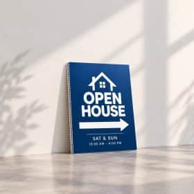 Printed corrugated plastic open house sign leaning on a wall