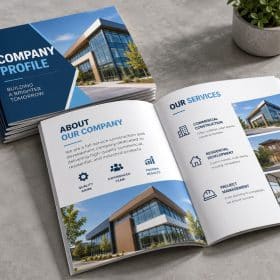 Printed company profile booklets, one open to the about us page