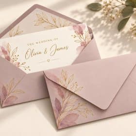 Pink printed envelopes with gold leaf design holding a wedding invitation
