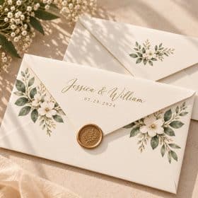 Cream printed envelopes with floral design and gold wax seal
