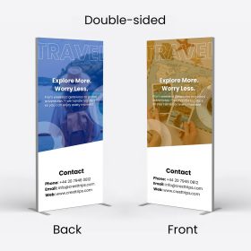 Front and back views of a double-sided SEG fabric display with blue and gold travel artwork.