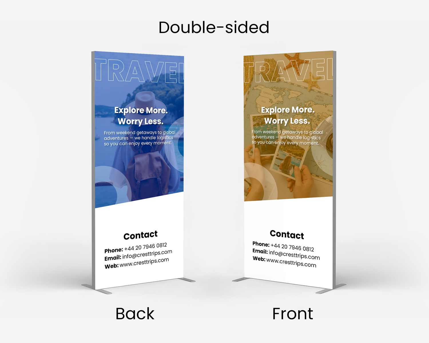 Front and back views of a double-sided SEG fabric display with blue and gold travel artwork.