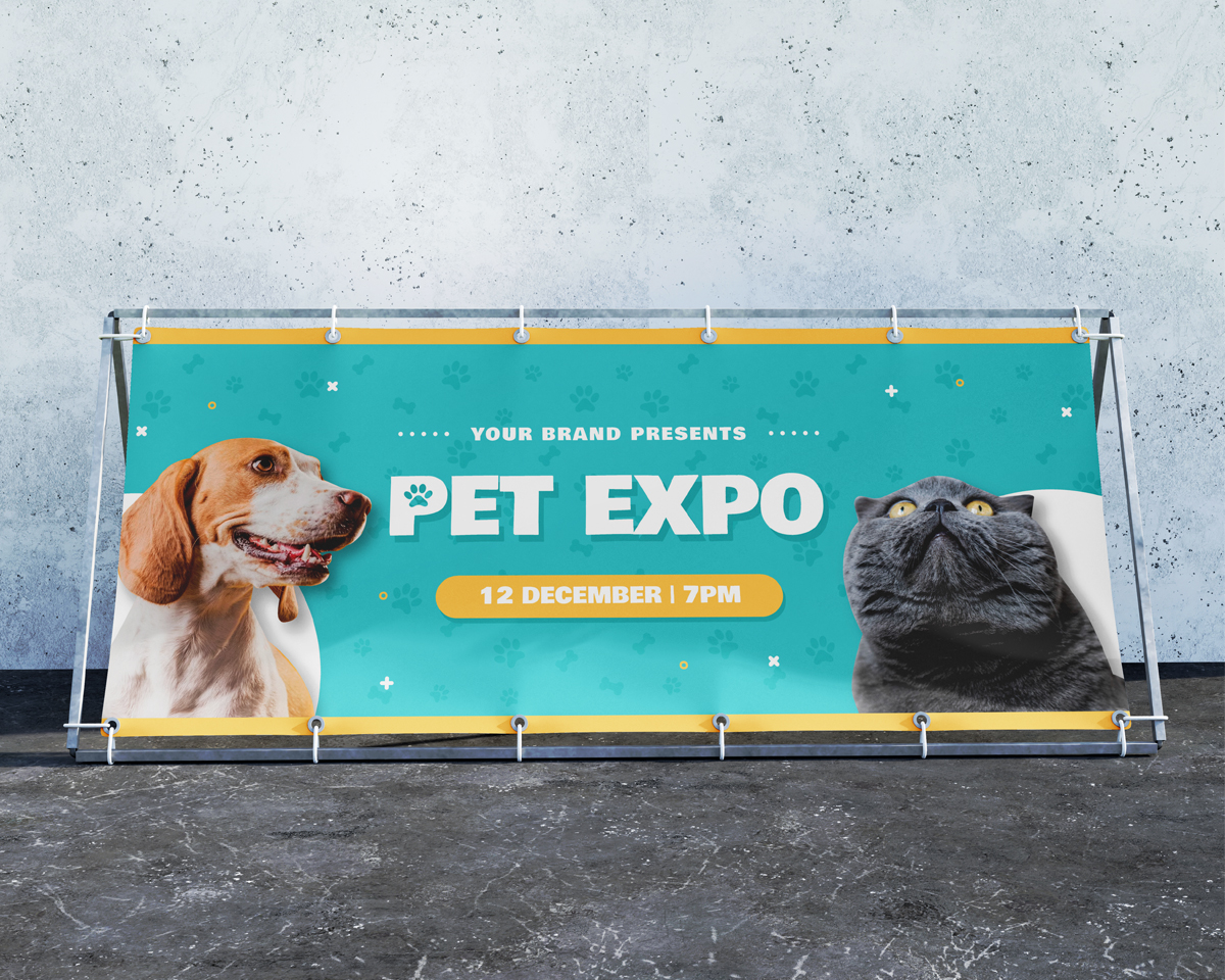 Wide outdoor metal A-frame with a turquoise pet expo banner.